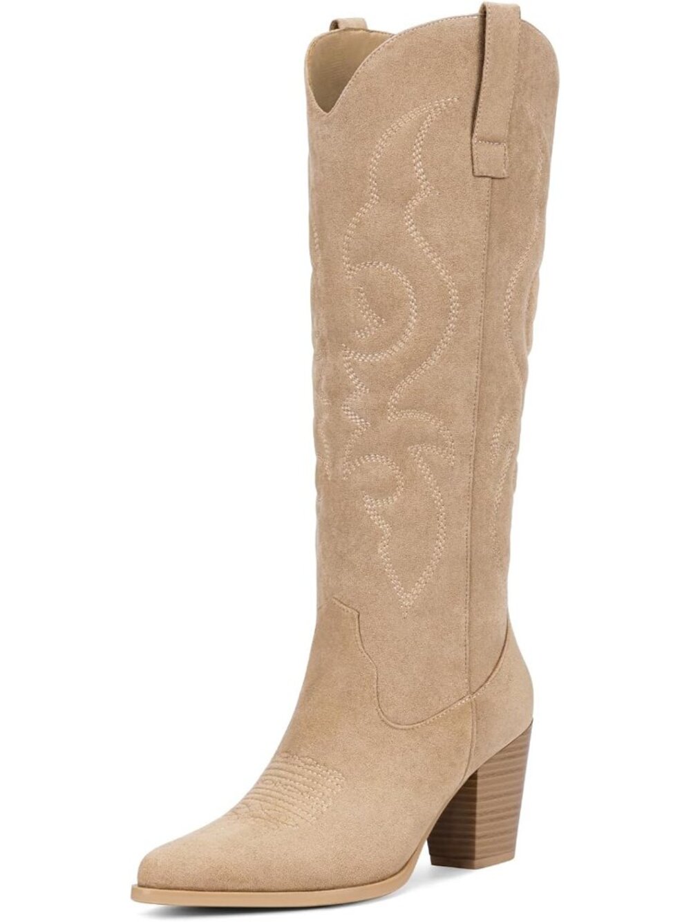 Women's Beige Suede Knee High Cowgirl Boots Zipper Retro Pointed Toe Tall Boots
